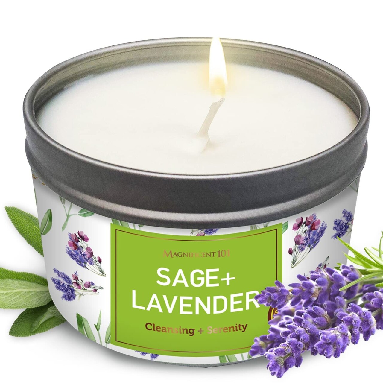 Magnificent 101 Long-Lasting Sage+Lavender Smudge Candle | 6 Oz - 35-Hour Burn | Made of Soy Wax, Sage & Lavender | House Energy Cleansing & Manifestation